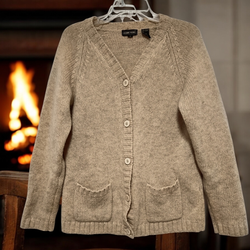 M💥JEANNE PIERRE 100% Wool Laine Beige Knit Cardigan